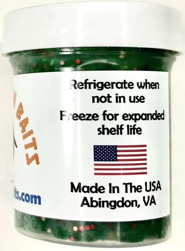 A jar of green freeze dried food