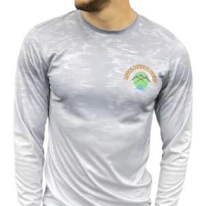 A man wearing a long sleeve shirt with a logo on it.