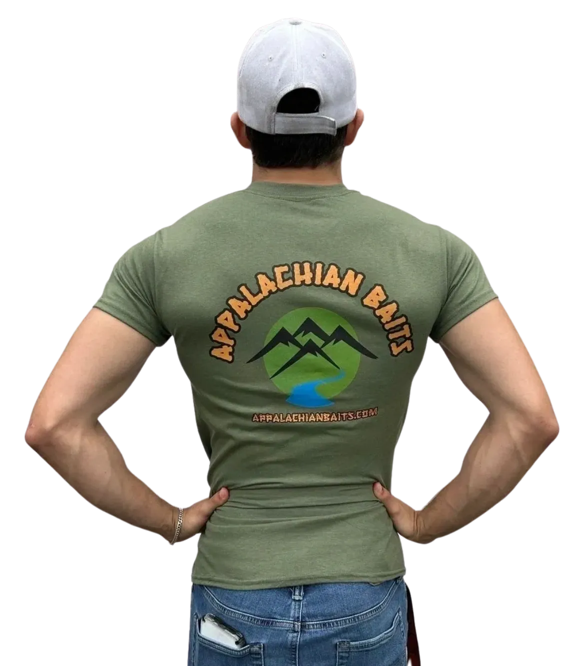 A man in green shirt and hat with mountains on back.