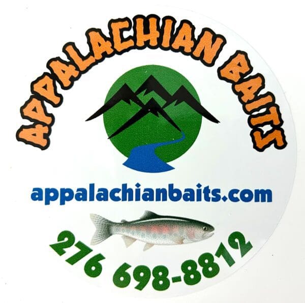 A sticker of a fish and mountains with the words appalachian baits.