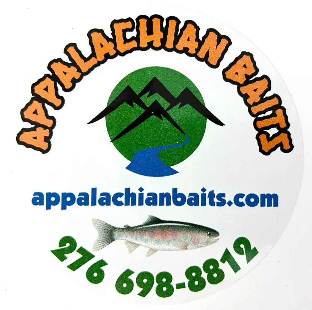 A sticker of a fish and mountains with the words appalachian baits.