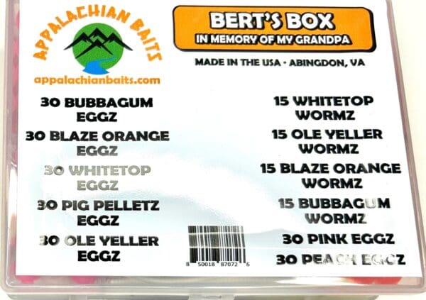 A box of eggs with the names of each egg.