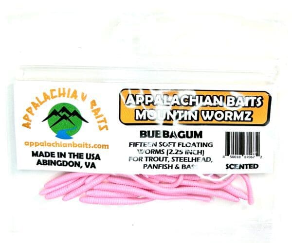 A package of pink worm fishing baits.