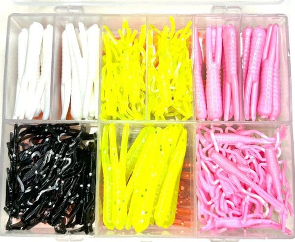 A plastic container filled with different types of hair clips.