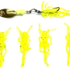 A yellow fishing lure with several different types of plastic.