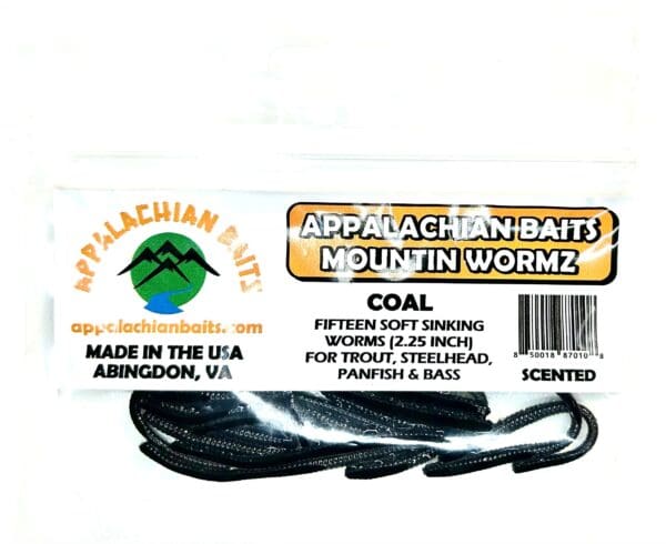 A package of black worm bait for fishing.