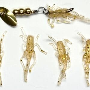 A group of small plastic shrimp with a fishing hook.