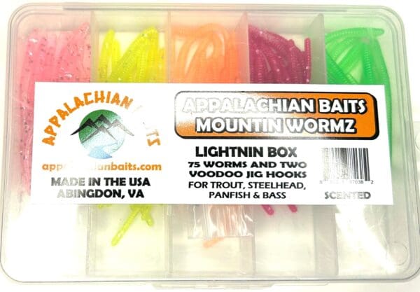 A box of fishing lures in different colors.