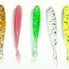 A group of five different colored fish are lined up.