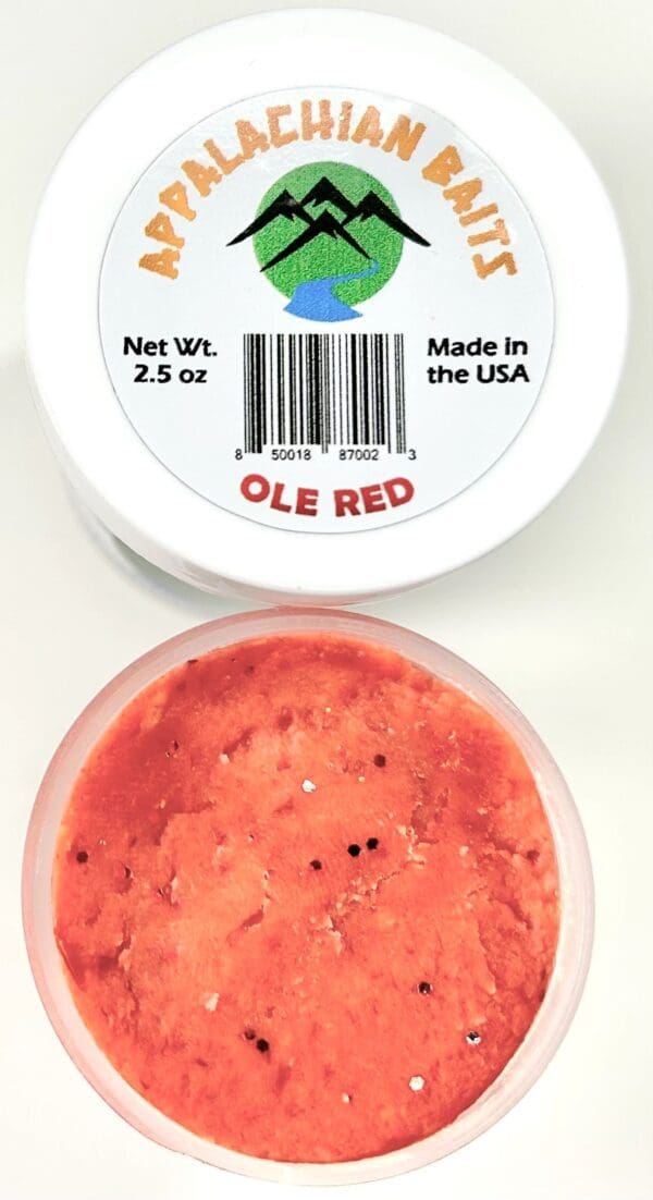 A container of ole red spread next to another container.