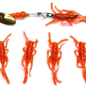 A group of plastic orange shrimp with a fishing hook.