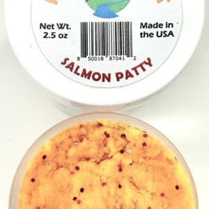 A container of salmon patty sitting next to another container.