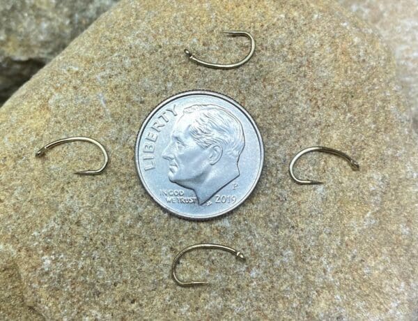 A coin sitting on top of a rock next to some fish hooks.