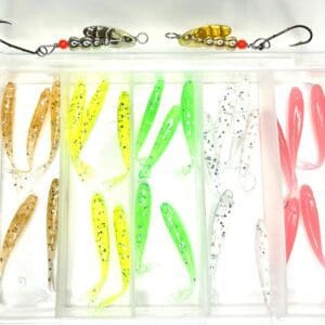 A set of fishing lures in a case.