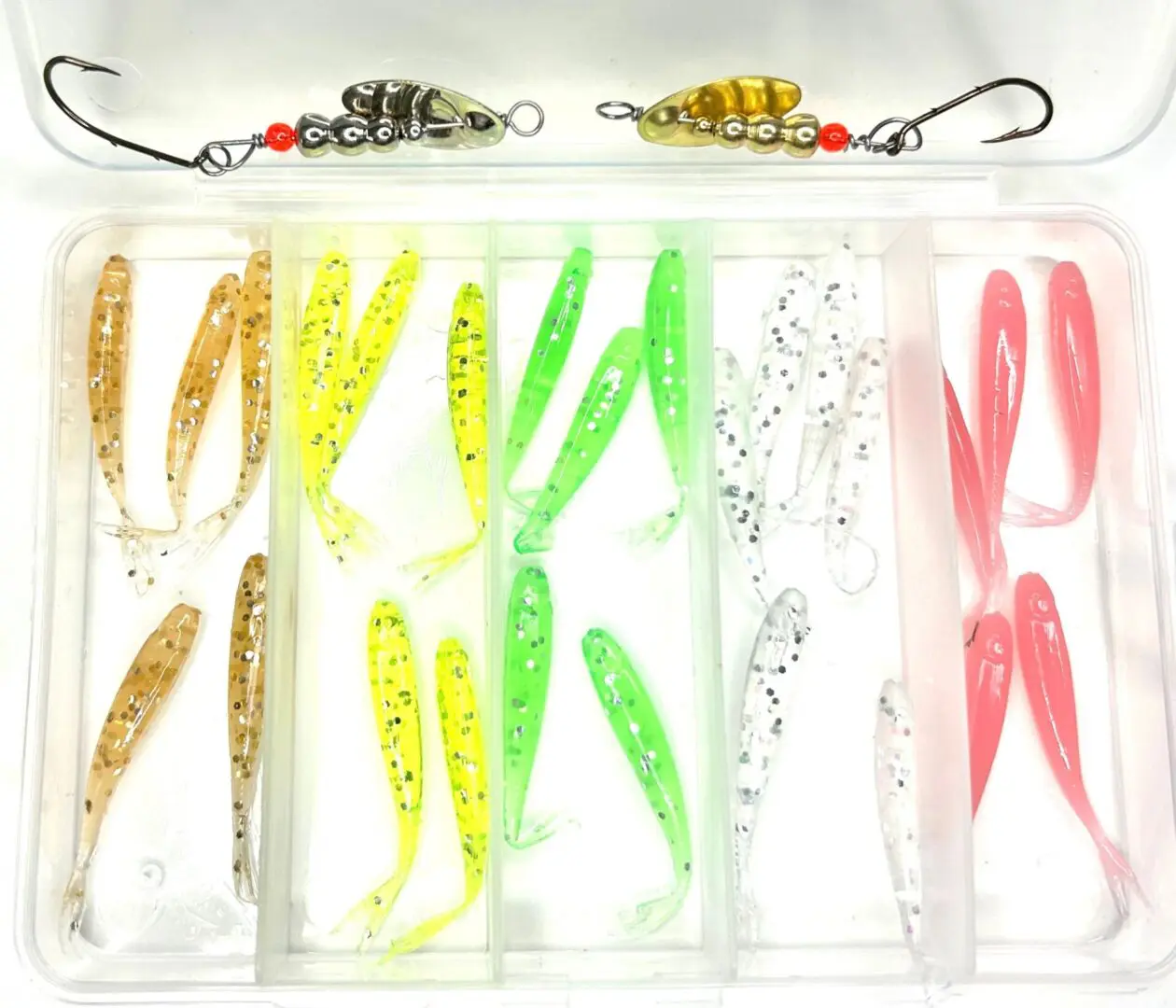 A set of fishing lures in a case.