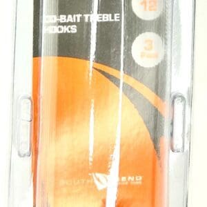 A package of fishing hooks with orange and black design.