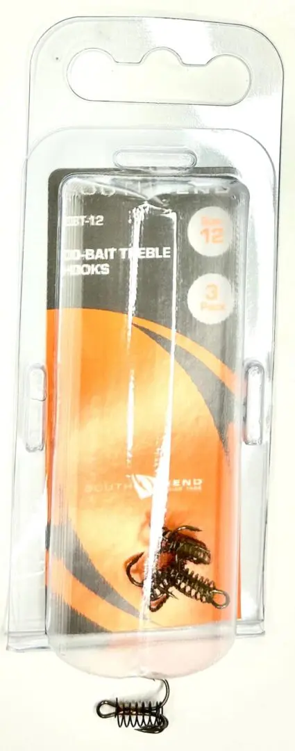 A package of fishing hooks with orange and black design.