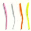 A group of four different colored plastic worms.