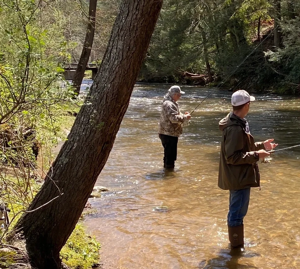 Two people fishing in a stream with trees