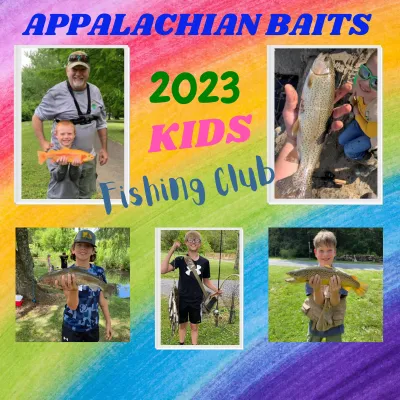 A collage of photos with the words appalachian baits 2 0 2 3 kids fishing club.